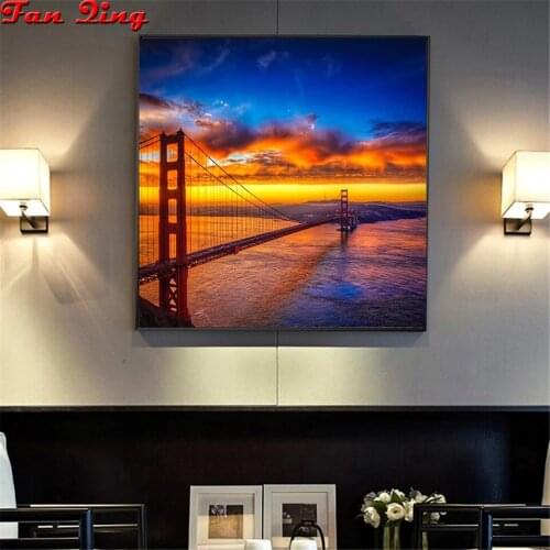 Golden Gate Bridge Sunset Scenery Diamond Painting Full Square Round Drill 5D DIY Rhinestone Embroidery Kit Mosaic Home Decor