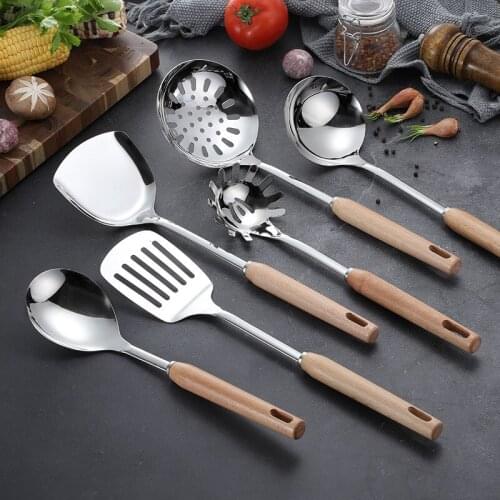 Household Kitchen Kitchenware Stainless Steel Wooden Handle Spatula Colander Cookware Set 6Pcs Kitchen Accessories Cooking