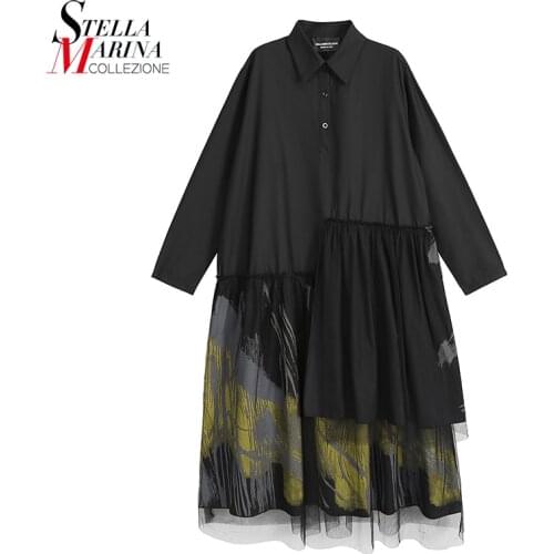 New Plus Size Long Sleeve Woman 2020 Winter Black Printed Shirt Dress With Mesh Overlay Painting Style Ladies Vintage Dress 6856