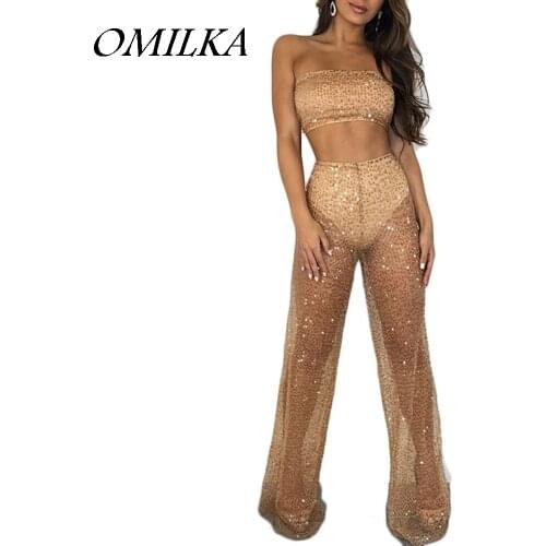 OMILKA 2018 Autumn Women Strapless Sequin Crop Top and Long Pant Set Sexy Gold Pink Hollow Out Club Party 2 Piece Clothing Set