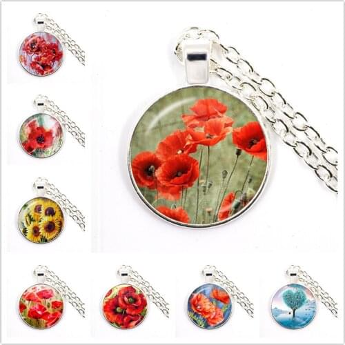 Poppy Flowers Art Pattern Necklace Fashion Silver Color Glass Cabochon Jewelry Simple Style Pendant Charm Women Mens Gift