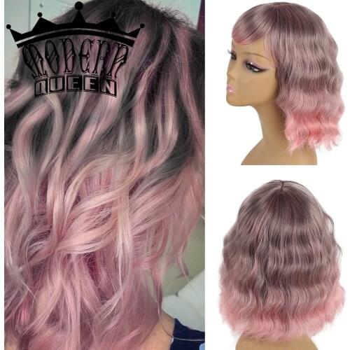 MODERN QUEEN Short Wavy Cosplay Wigs With Bangs Synthetic Ombre Colors Pink Grey Purple Wigs Heat Resistant For Women Cosplay