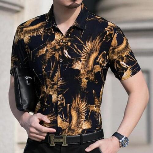 Big Size Gold Printed Luxury Silk Shirts For Mens Oversize Summer Hawaiian Dress Stretch Club Printed Plus Tops Wide Clothes New