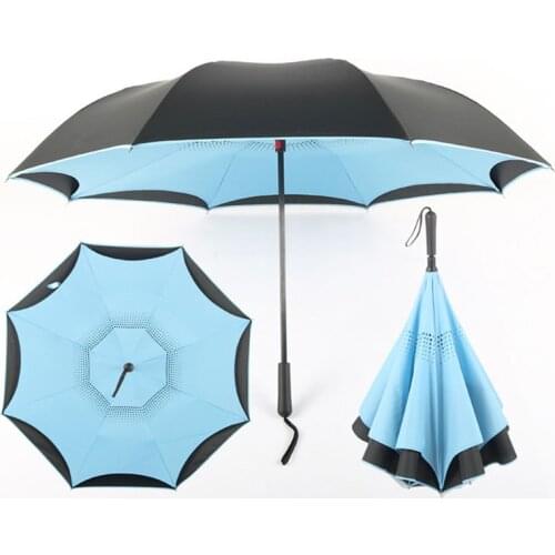 Windproof Reverse Inverted Long Shank Umbrellas Double Layers Reverse Folding C-Hook Car Umbrellas