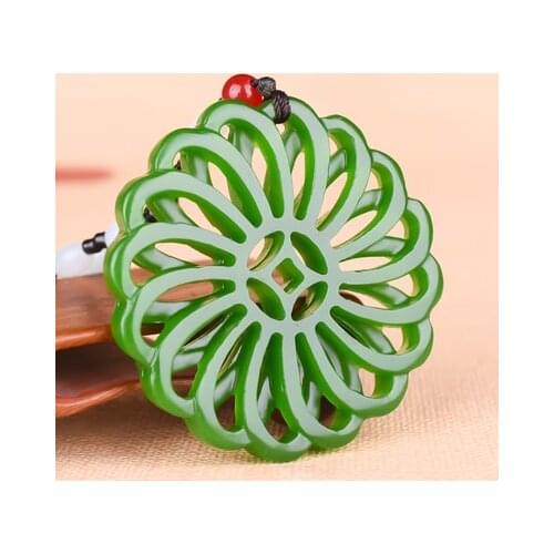 Zheru Jewelry Natural Hetian Jade Green Hollow Flower Pendant Necklace, Exquisite Jewelry, Best Gift
