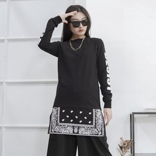 Ladies spring and Autumn new long sleeve loose round collar printed street T-shirt long large T-shirt