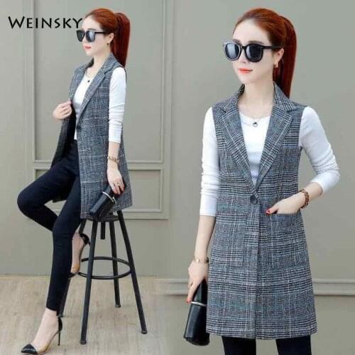Women Plaid Tweed Vest Lady Spring And Autumn Long Vintage Style Sleeveless Suit Vest