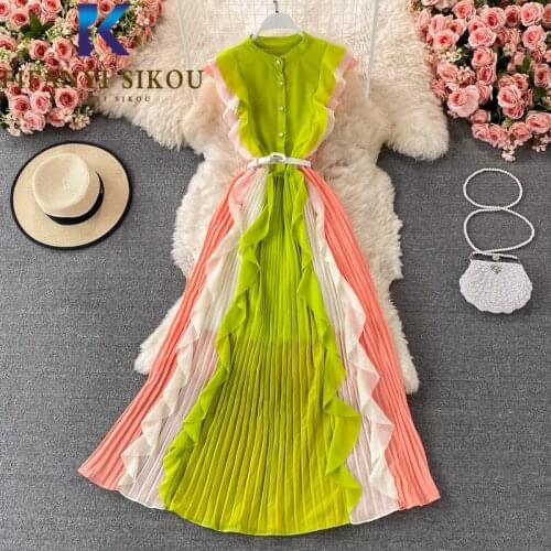 Fashion Spliced Chiffon Dress Women Ruffle O-Neck Sleeveless High Waist Long Dress Ladies Summer Elegant Slim Pleated Dress