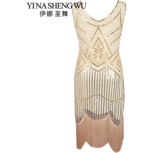 1920 s Great Gatsby Flapper Dress Vintage Women Sequin Beaded Fringe Dress Party V Neck Bodycon Fringed Sleeveless Dance Clothes