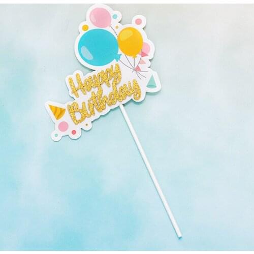 Gold Shiny Happy Birthday Cake Topper Sun Balloon Cake Toppers Flags For Kids Birthday Party Cake Decorations Baby Shower