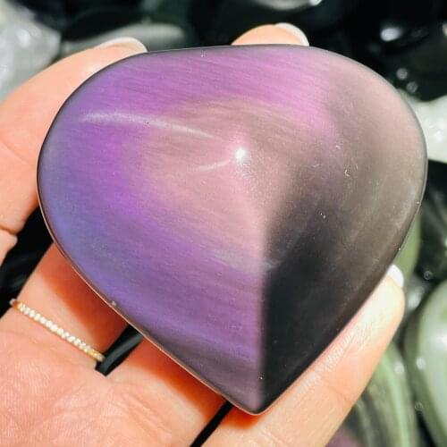 1PCS Rainbow Natural Obsidian Cat Eyes Quartz Crystal Heart shaped Healing