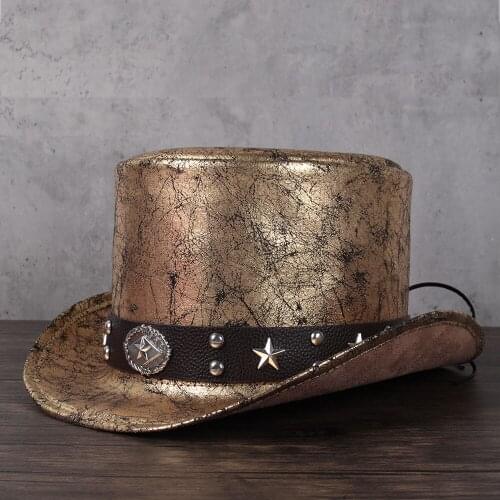 2021 Women Men Leather Top Hat Shower Lday Fedora Hat Magic Flat Steampunk Cosplay Pork Pie Party Caps Dropshiping 13cm