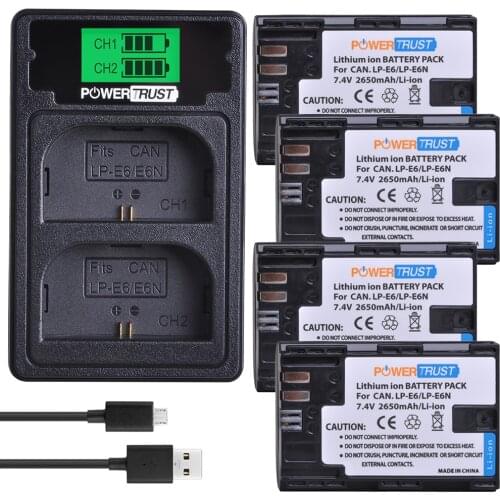 4PCS LP E6N LPE6 LP-E6 Battery+LCD Dual Charger with Type C Port for Canon EOS 5DS R 5D Mark II 5D Mark III 6D 7D 80D 90D 5DS R