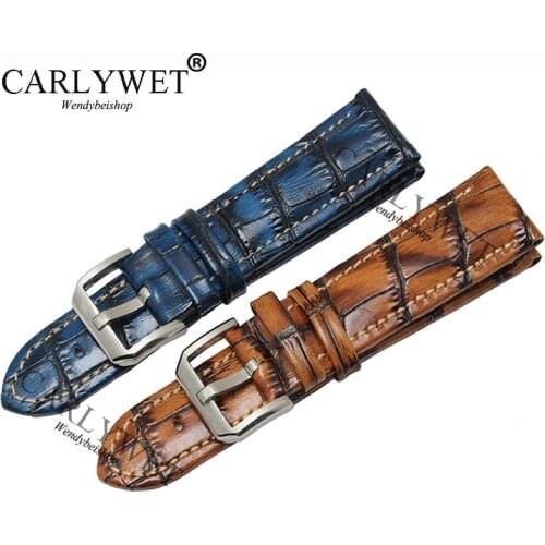 CARLYWET 20 22mm Leather Brown Blue VINTAGE Replacement Wrist Watch Band Strap Belt Bracelet Silver Brush Buckle For IWC Omega