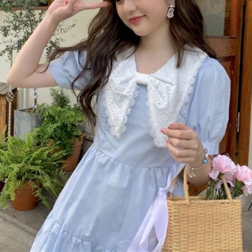 Hstar Patchwork A-line Bowknot Lace Sundress 2021 Summer Korean Kawaii Clothes Women Puff Sleeve V-neck Sweet Cute Mini Dress