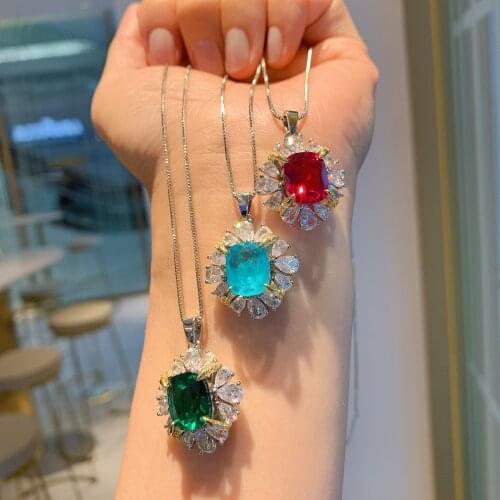QTT Exquisite Pendant Necklace 10*12mm Paraiba Emerald Tourmaline Gemstone Necklace Silver Chain Necklace Fine Wedding Jewelry