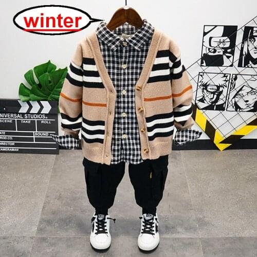 Baby Boy Clothing Set Cute Winter Boys Knit Cardigan,Plus Velvet Shirt,Thick Pants 3pcs Children Clothes Suit for Kids Outfit