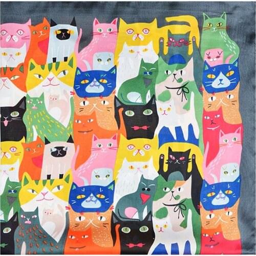 Cats Party Satin Scarf Cute Women Silk-like Ladies Handkerchief Head Bandage Square Shape 70*70cm Bag Scarves Sale Items KT64