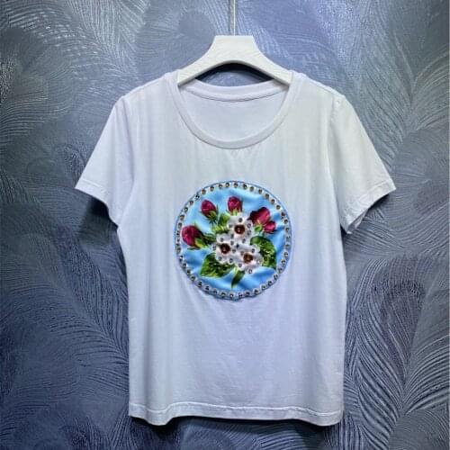 Summer 2021 Runways Womens High quality 100%Cotton diamonds floral print T-shirts Top C571