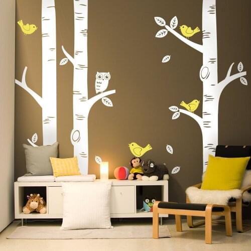 Cute Owl Birds Birch Tree Wall Sticker Decal Wallpaper Mural Nursery Baby Forest Home Background Decoration 250*250CM D639