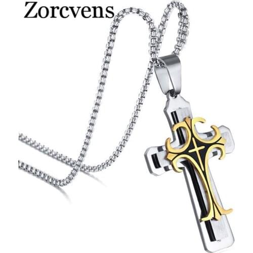Modyle Mens Stainless Steel Large Fleur-de-lis Cross 3-Tone Pendant Necklace 24" Chain