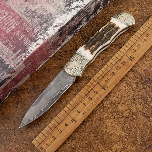 Jackknife Damascus steel blade white copper + antler handle folding outdoor tactical survival self-defense hunting tool knife