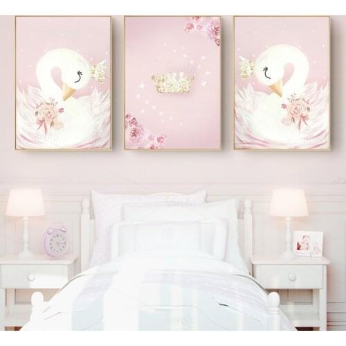 Little White Swan Posters and Prints Pink Nursery Flower Wall Art Picture Gold Crown Canvas Painting Princess Room Bedroom Decor