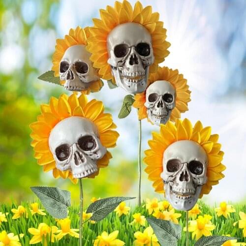 Sunflower Skeleton Head Decorations PVC Scary Halloween Spooky Sunflowers Artificial Flowers Decoration For Home Garden Lawn