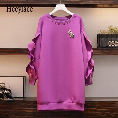 Plus Size Women Long Sweatshirt Dress 2020 Autumn winter Ruffle Patchwork Zipper Long Sleeve Loose Korean Casual Cotton Pullover