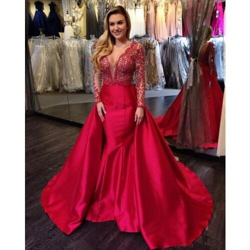 Luxury 2020 Red Satin Mermaid Overskirts Evening Dresses with Sweep Train Turkey Lace Long Sleeve Backless V Neck Prom Gowns
