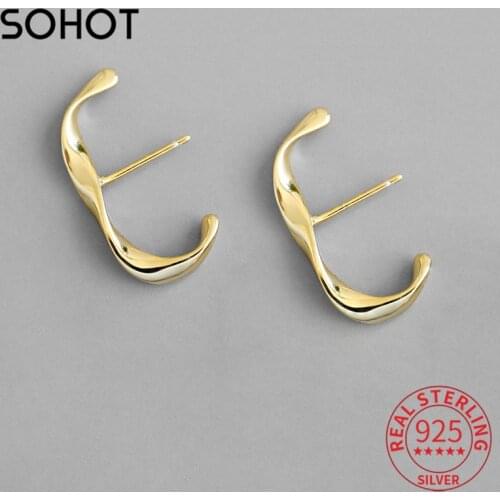 SOHOT Real 925 Sterling Silver Irregular Twisted C Shape Women Stud Earrings Punk Gold Silver Color For OL Female Fine Jewelry