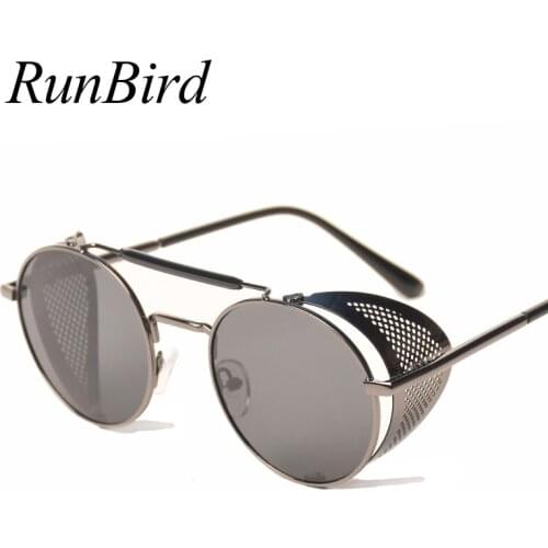 RunBird Retro Steampunk Sunglasses Round Designer Steam Punk Metal Shields Sunglasses Men Women UV400 Gafas de Sol 086