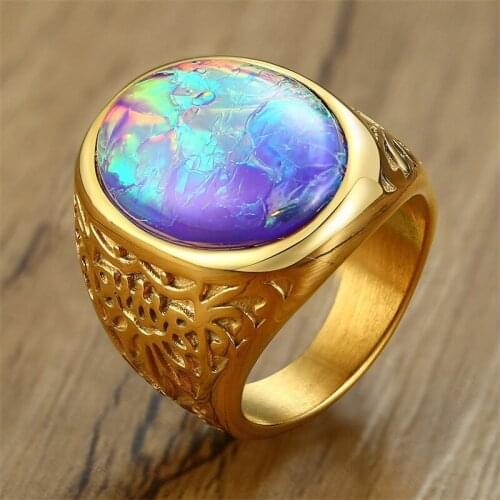 Modyle Stylish Mens Opal Ring Bright Colorful Solitaire Oval Stone Male Jewelry Stainless Steel Anel Alliance Accessory