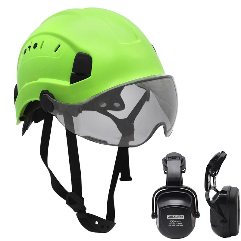 Safety Helmet with Dark Visor and Earmuff Kit Hard Hat for Outdoor Rock Climbing Industrial Protection Rescue Cave exploration