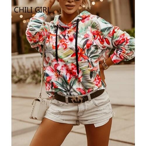 Women Fashion Floral Printed Long Sleeve Hoodie Autumn Winter Casual Loose Pullover Sweatshirts Drawstring Pocket Woman Hoodies