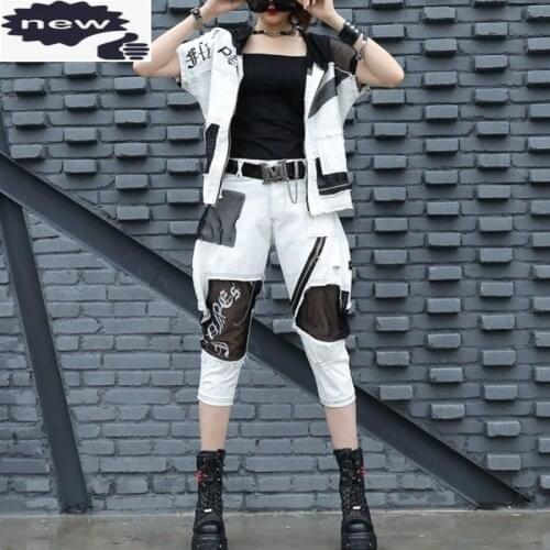 Street Women White Hooded Tops Harem Two Piece Summer Fashion Slim Mesh Patchwork Jacket Calf-Length Pants Set S M