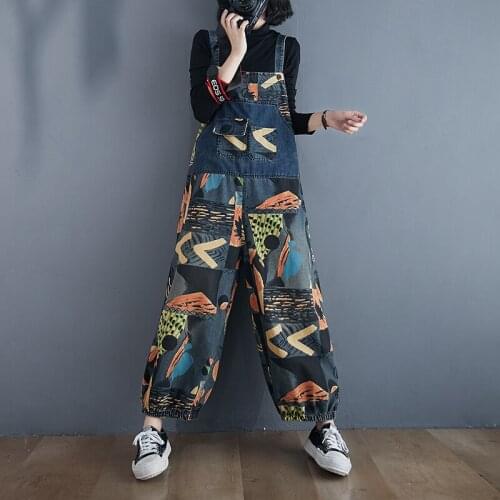 Loose Casual Denim Overalls Womens Spring Autumn Large Size Printing High-waist Wide-leg Pants Jumpsuit Female 2021 New Jumpsuit