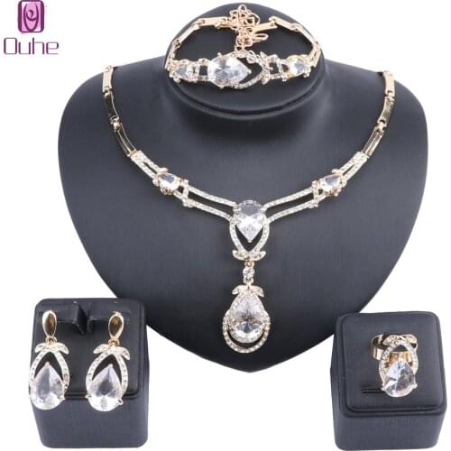 Women Bridal Austrian Crystal Zircon Necklace Earrings Bracelet Ring Jewelry Set Gifts Fit Wedding Dress