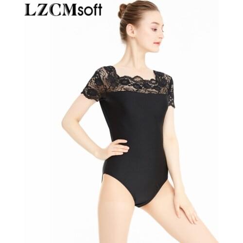 LZCMsoft Black Women Classic Short Sleeve Lace Leotards Girls Spandex Nylon Ballet Dance Leotards Bodysuits Team Stage Dancewear
