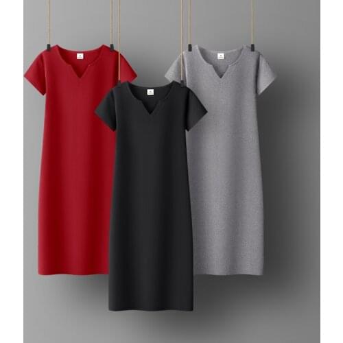 Woman Cotton Soft Dress Short sleeve V-neck Casual Elastic Lady office dress