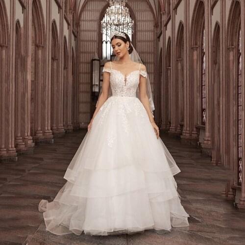 2021 V-Neck Off Shoulder Applique Spaghetti Straps Ball GownTulle Wedding Dress Bridal Gowns Robes De Mariées Vestidos De Novia