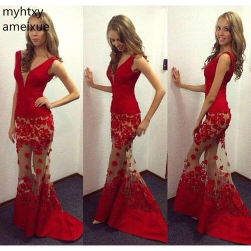 2021 New High Quality Illusion Red Sexy Ballgown Prom Dresses Mermaid V Neck Evening Party Gowns Plus Size Custom Dress Elegant