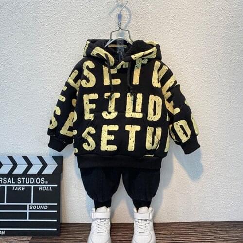 Winter 2-8Yrs Boys Clothing Sets Plus Velvet Thick Letter Hoodies Sweatshirts+Warm Pant Casual Outfit Two Piece Set Kids Clothes