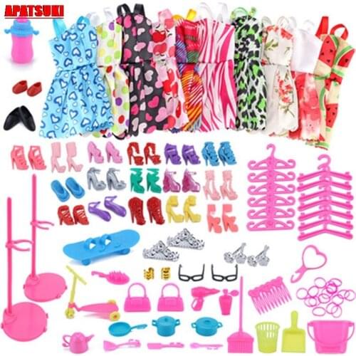 83 items/set Doll Accessories 18 Pairs Shoes & 10 Fashion Dress For Barbie Doll Outfits Clothes Necklace Earring Stand Handbag