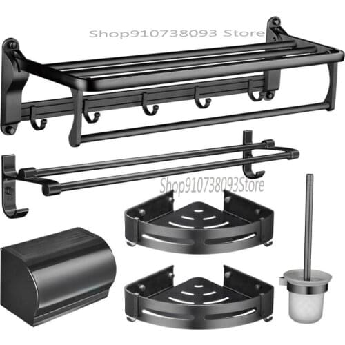 Black Bath Towel Rack Non Punching Toilet Towel Rack Set Bathroom Shelf Bathroom Rack Bathroom Pendant Five Piece Set Creativity
