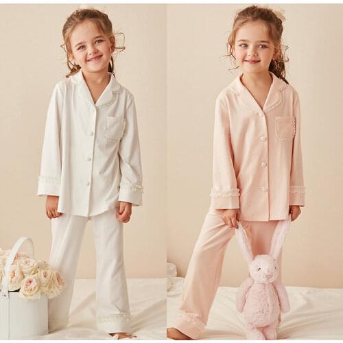 Children‘s Girl’s Lolita Turndown Collar Pajama Sets.Cotton Tops+Pants.Toddler Kids Lace Pyjamas set.Girl Sleepwear Loungewear