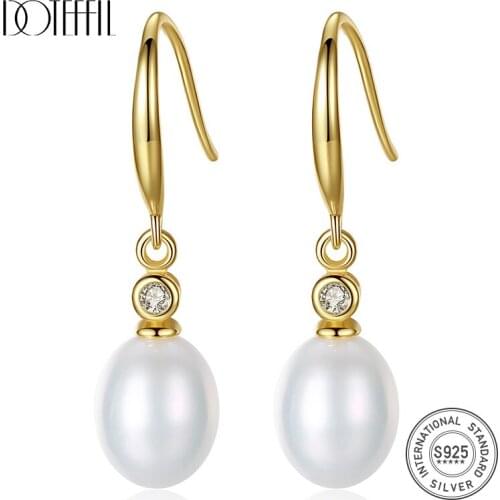 DOTEFFIL White/Pink/Purple 12mm Pearl 925 Sterling Silver AAA Zircon Gold Earrings For Women Wedding Engagement Charm Jewelry