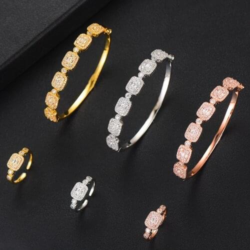 LARRAURI Super Luxury Full Micro Cubic Zirconia Flowers Leaf Geometry Bangle Ring Sets For Women Wedding Dubai Jewelry Sets