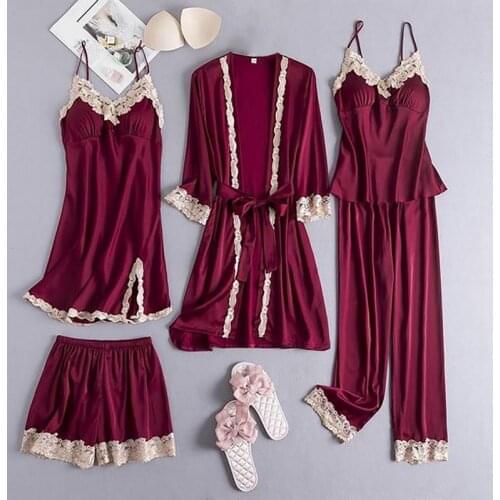 5pcs Suit Ladies Sexy Silk Satin Pajamas Set Female Lace Pyjama Set Sleepwear Spring Summer Home Wear Nightwear For Women Pyjama