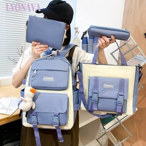 4-piece Set of Fashion Womens Backpacks Canvas Large Capacity Travel Bag Waterproof Student School Bags for School Girls 2021